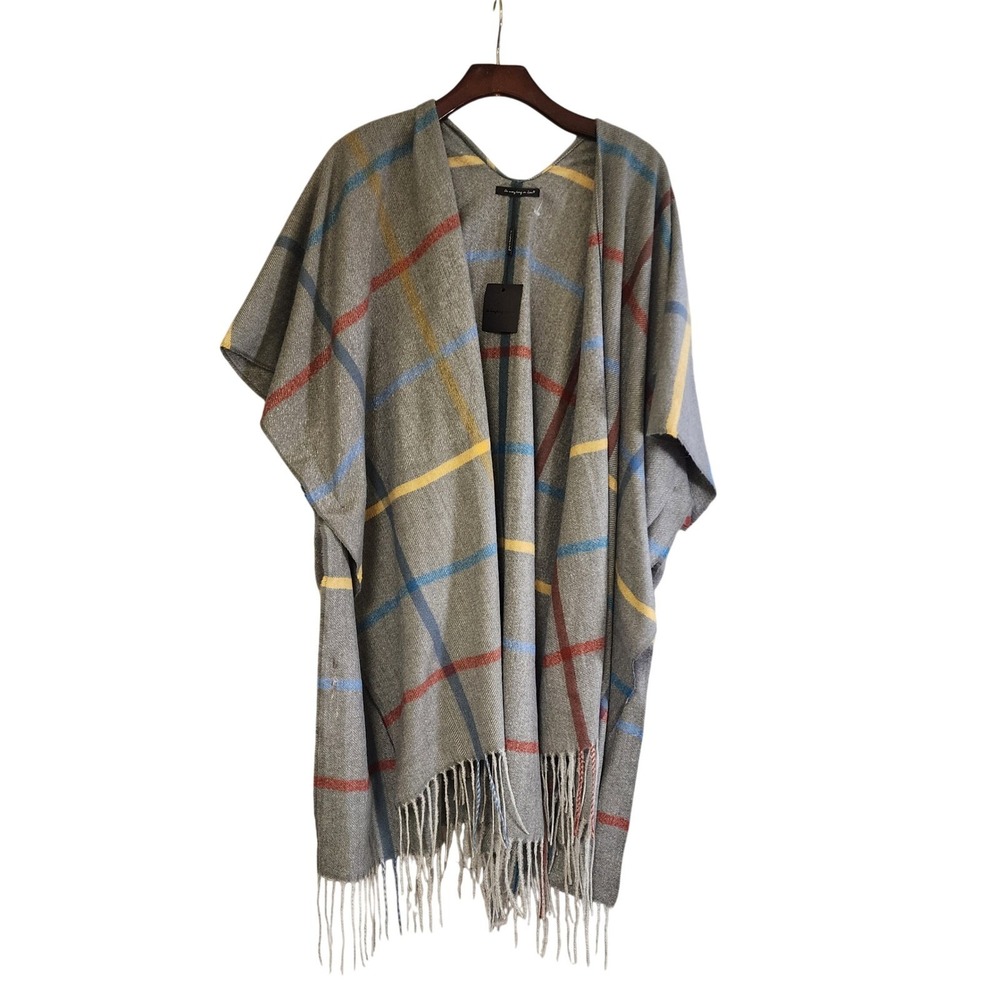 Do Everything In Love Grey Plaid Poncho Wrap Fringe Trim One Size NWT